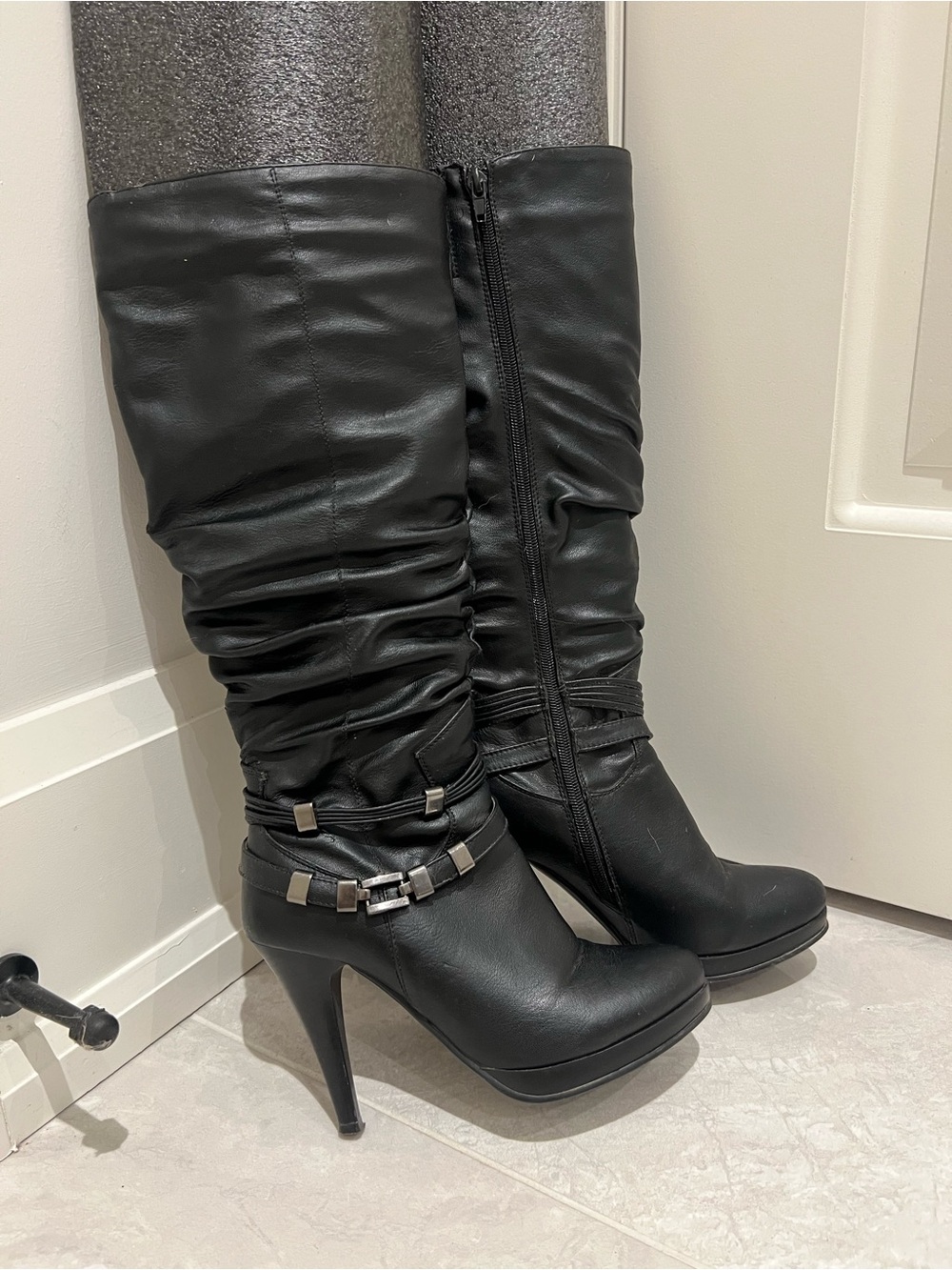 Black High-Heel Slouch Knee Boots with Decorative Strap